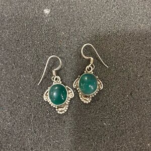 Sterling Silver 925 Green Onyx Pierced Earrings
